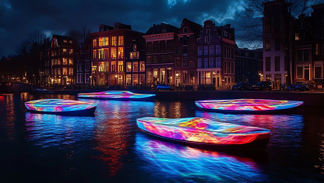 Verlichte Amsterdamse gracht tijdens het Amsterdam Light Festival gezien vanaf een salonboot van Boatlife Amsterdam